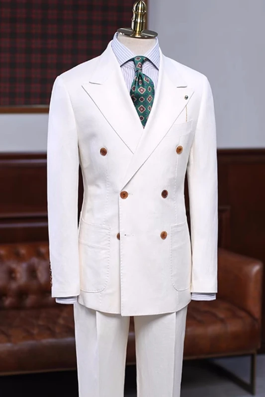 Claude Simple White Peaked Lapel Double Breasted Prom Suits