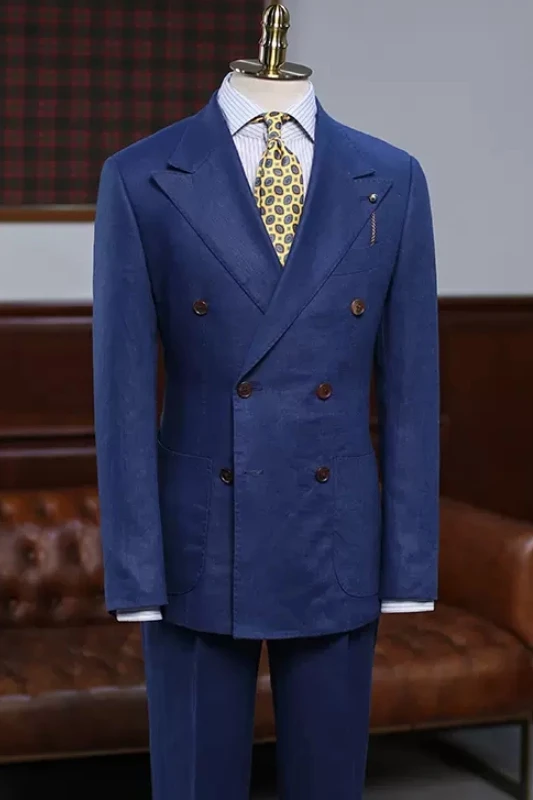 Clare Modern Dark Blue Peaked Lapel Double Breasted Prom Suits