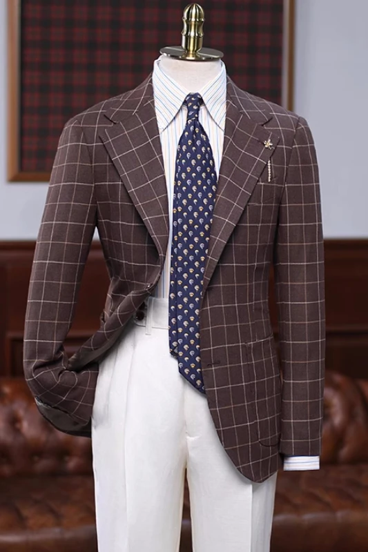 Clement Stylish Brown Plaid Notched Lapel Prom Suits