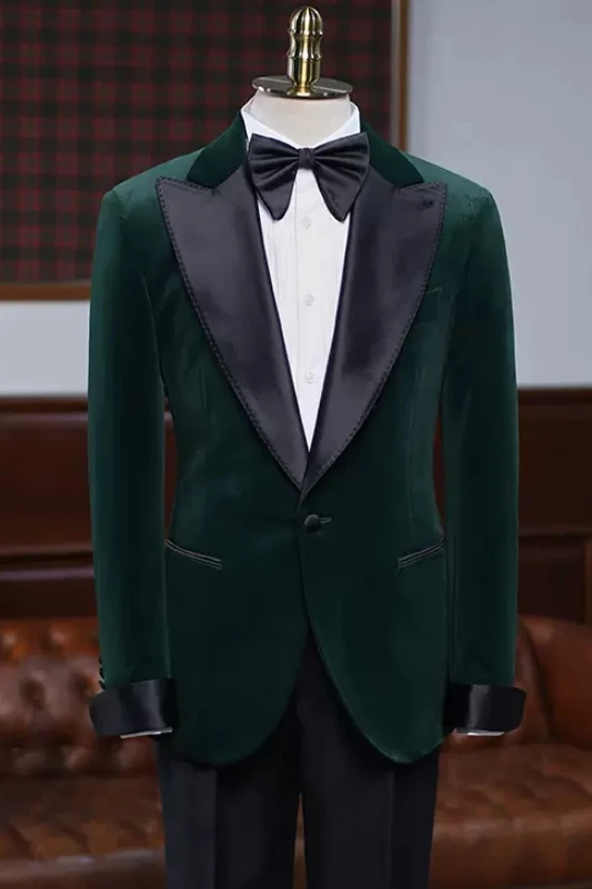 Colby Fancy Dark Green Peaked Lapel Velvet Prom Suits