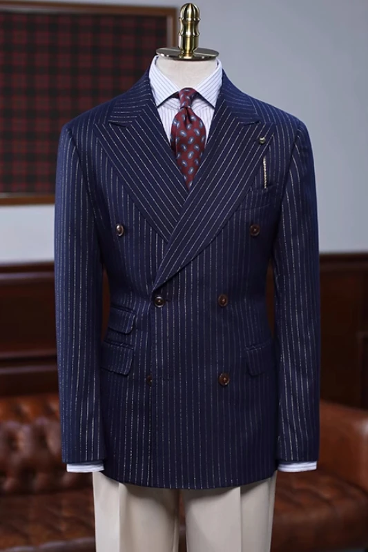 Connor Decent Navy Blue Peaked Lapel Double Breasted Striped Prom Suits