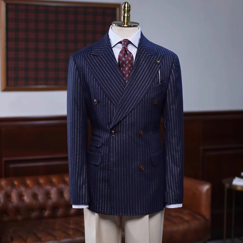 Connor Decent Navy Blue Peaked Lapel Double Breasted Striped Prom Suits