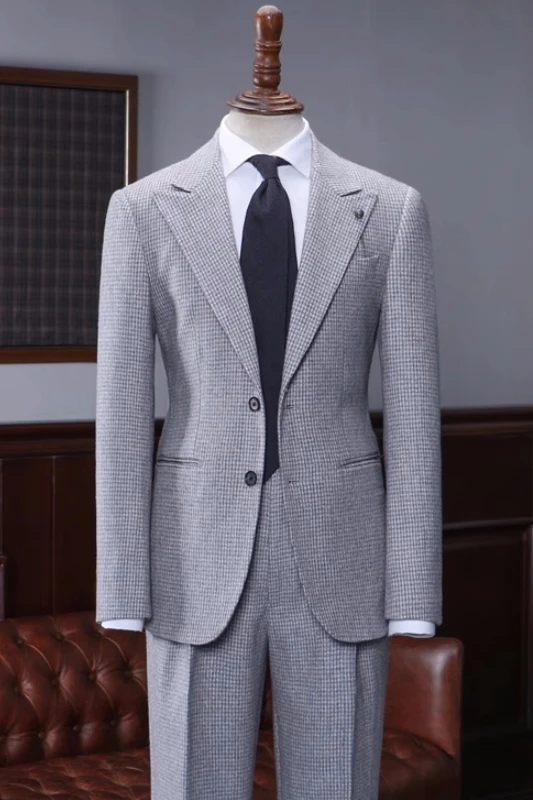 Cornelius Modern Gray Peaked Lapel Plaid Prom Suits