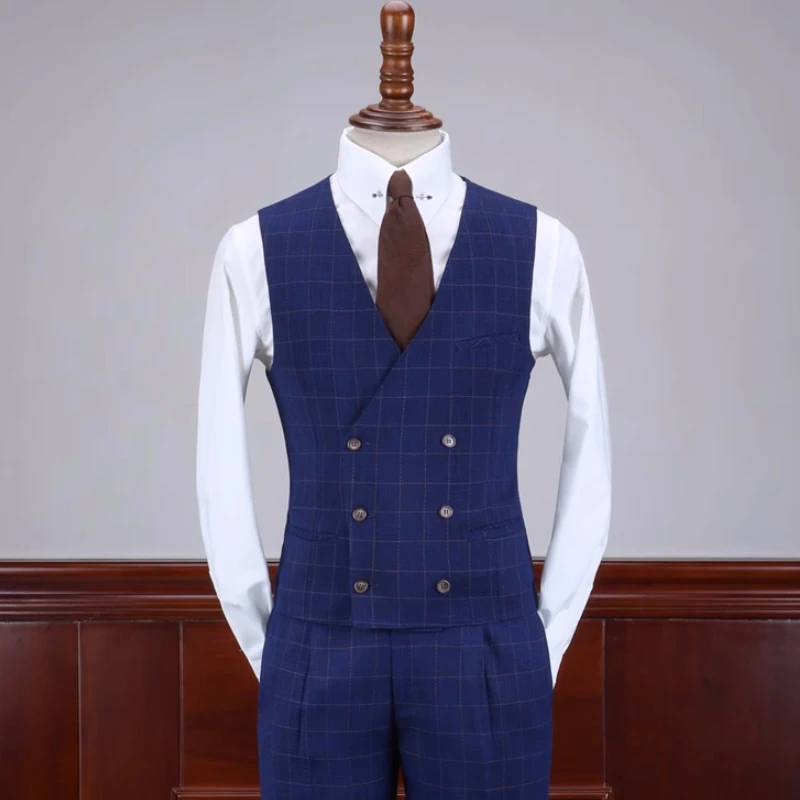 Curitis Stylish Dark Blue Plaid Notched Lapel Three Pieces Business Suits