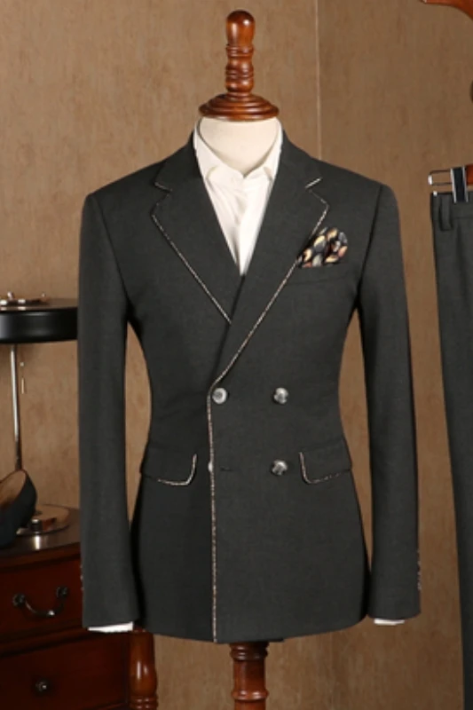 Darren Charming Dark Gray Notched Lapel Double Breasted Prom Suits