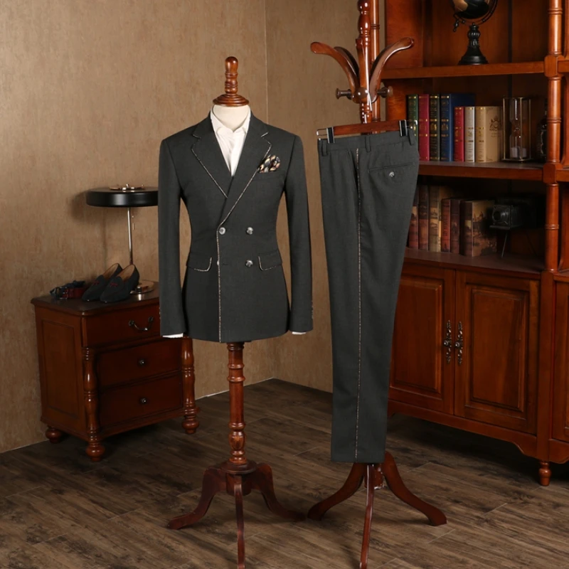 Darren Charming Dark Gray Notched Lapel Double Breasted Prom Suits