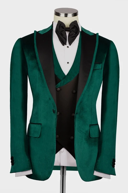 Hayden Stylish Dark Green Peaked Lapel Three Pieces Velvet Prom Suits