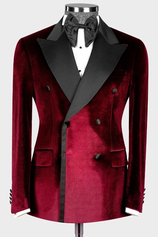 Harriet Gorgeous Burgundy Peaked Lapel Double Breasted Velvet Prom Suits