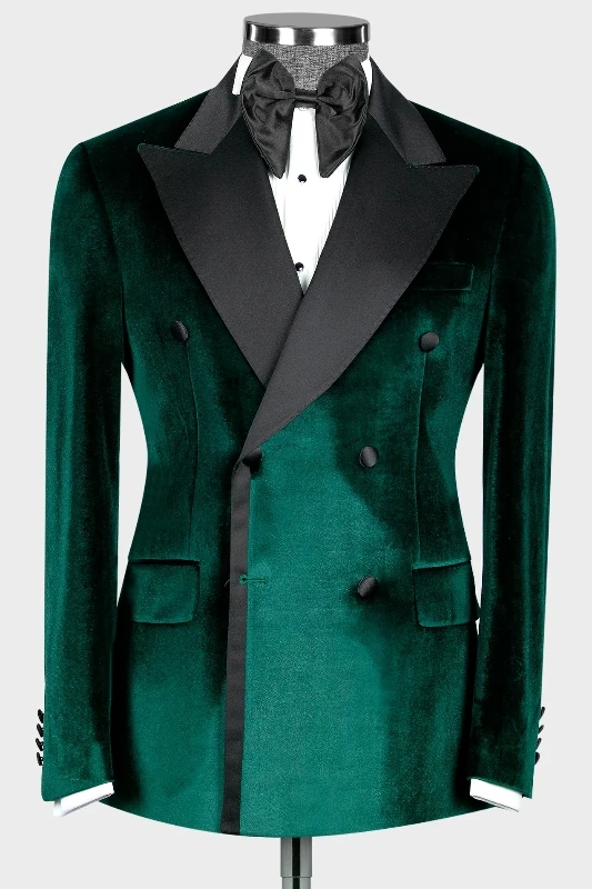 Harrison Modern Dark Green Peaked Lapel Double Breasted Velvet Prom Suits