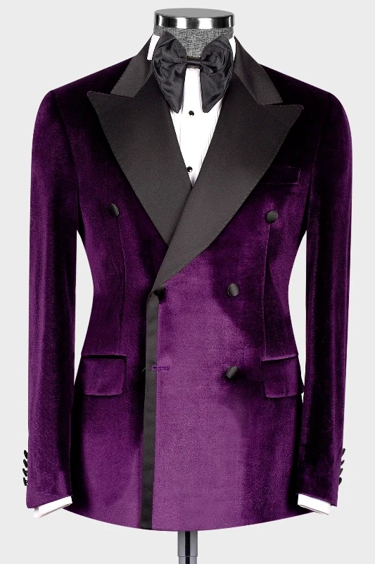 Harper Handsome Grape Peaked Lapel Double Breasted Velvet Prom Suits