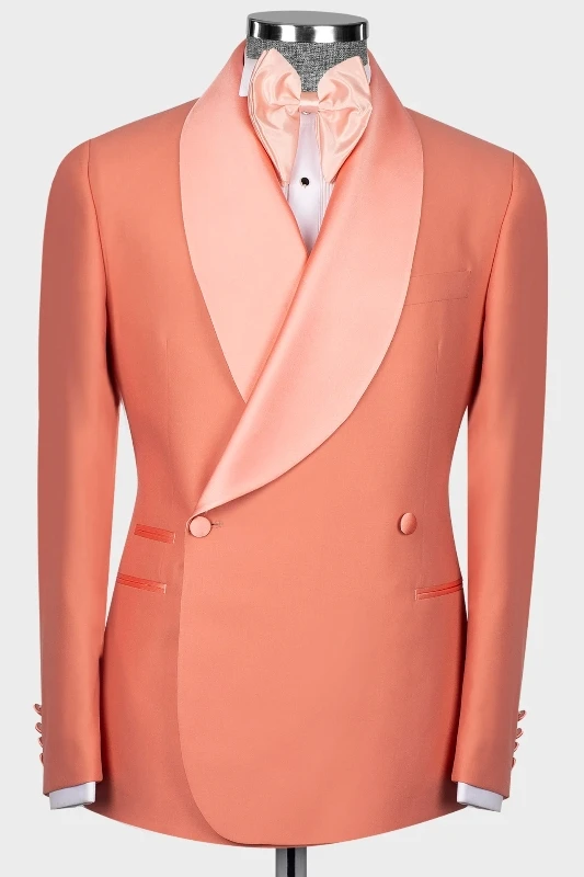 Haley Fashion Coral Shawl Lapel Double Breasted Wedding Suits