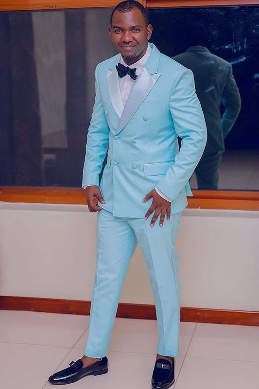 Elton Sky Blue Peaked Lapel Double Breasted Prom Men Suits