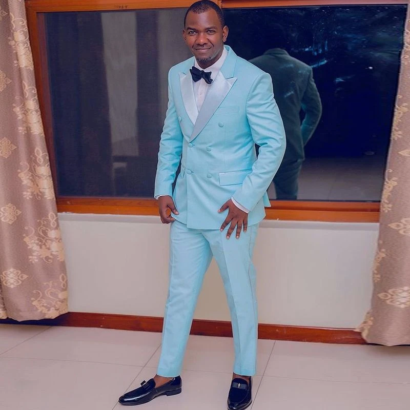 Elton Sky Blue Peaked Lapel Double Breasted Prom Men Suits