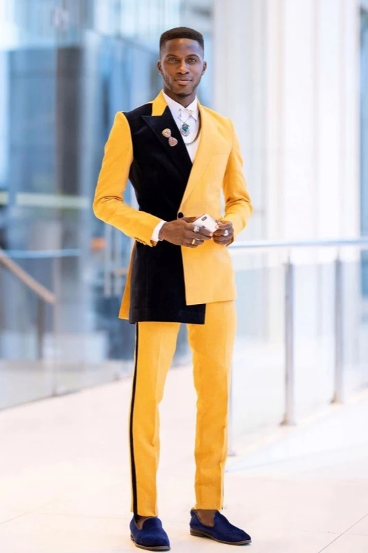 Cyril Yellow And Black Peaked Lapel Double Breasted Prom Men Suits