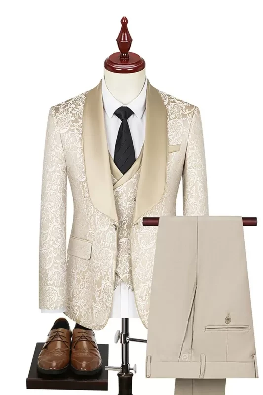 Gustave Chic Champagne Jacquard Shawl Lapel Three Pieces Wedding Suits