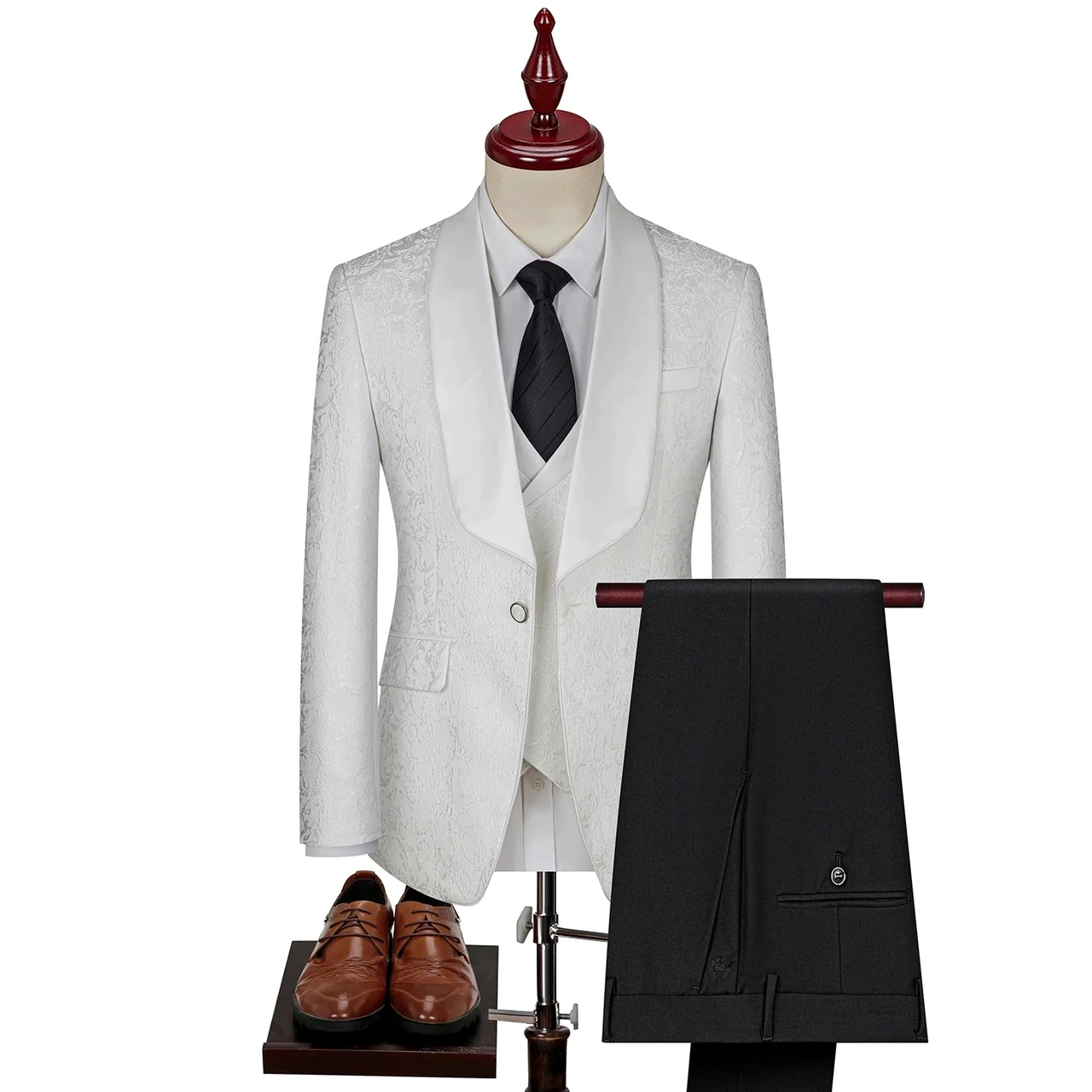 Glamorous White Jacquard Shawl Lapel Three Pieces Wedding Suits