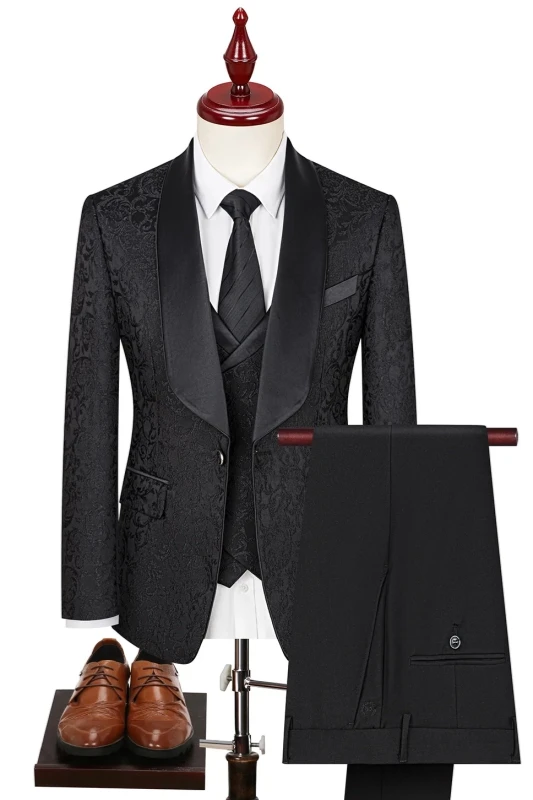 Classic Black Jacquard Shawl Lapel Three Pieces Wedding Suits