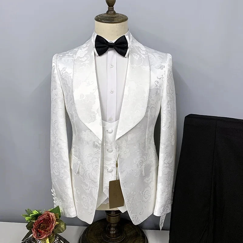 Stylish White Jacquard Shawl Lapel Slim Fit Wedding Suits