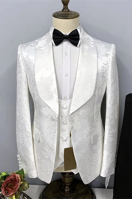 Stylish White Jacquard Shawl Lapel Slim Fit Wedding Suits