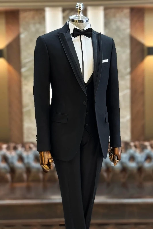 Randolph Black Peaked Lapel Three Pieces Wedding Men Suits