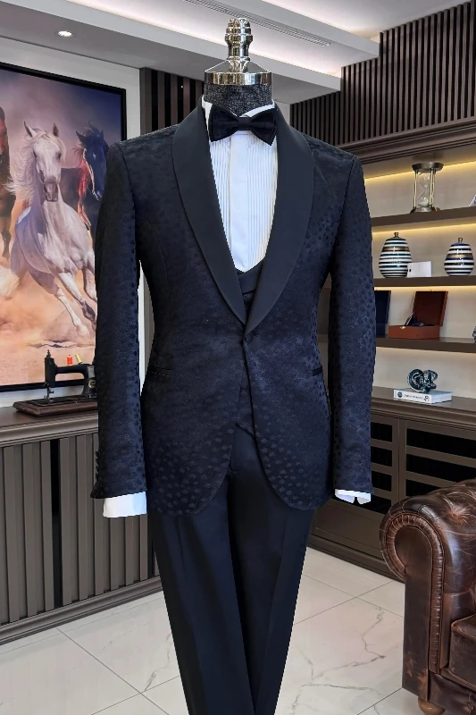 Giancarlo Black Shawl Lapel Three Pieces Jacquard Men Suits