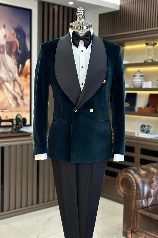 Matt Dark Green Shawl Lapel Double Breasted Velvet Men Suits