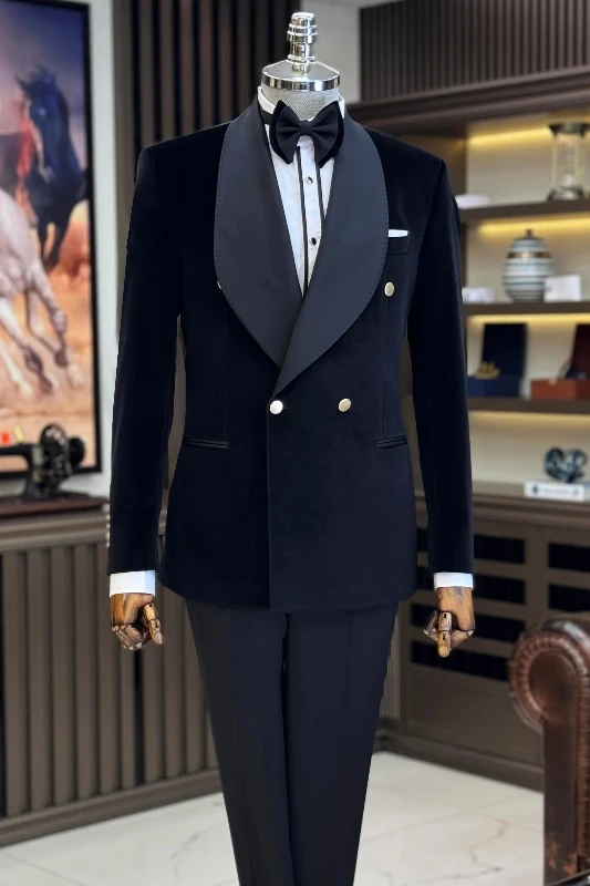 Prescott Black Shawl Lapel Double Breasted Velvet Men Suits