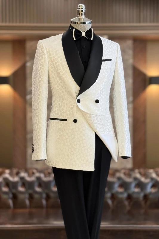 Kirk White Shawl Lapel Jacquard Wedding Men Suits