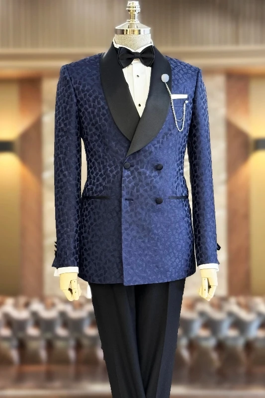 Lewis Dark Navy Shawl Lapel Jacquard Wedding Men Suits