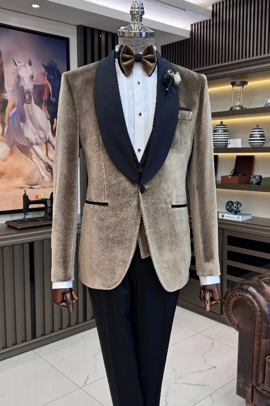 Hobart Brown Shawl Lapel Three Pieces Velvet Men Suits