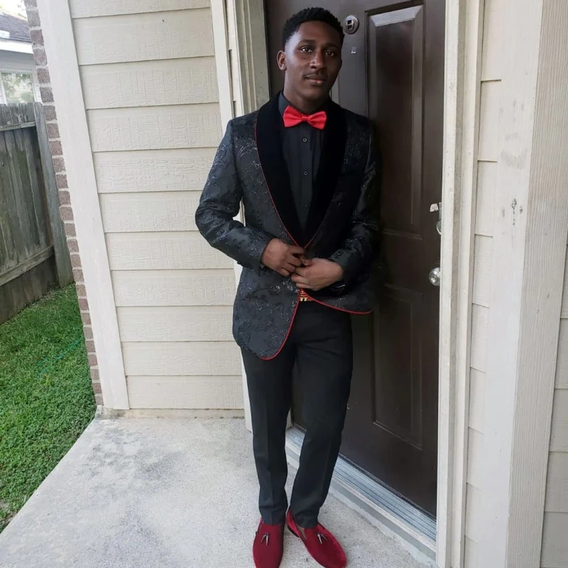 Devinb Black Jacquard Prom Men Suits With  Velvet Shawl Lapel