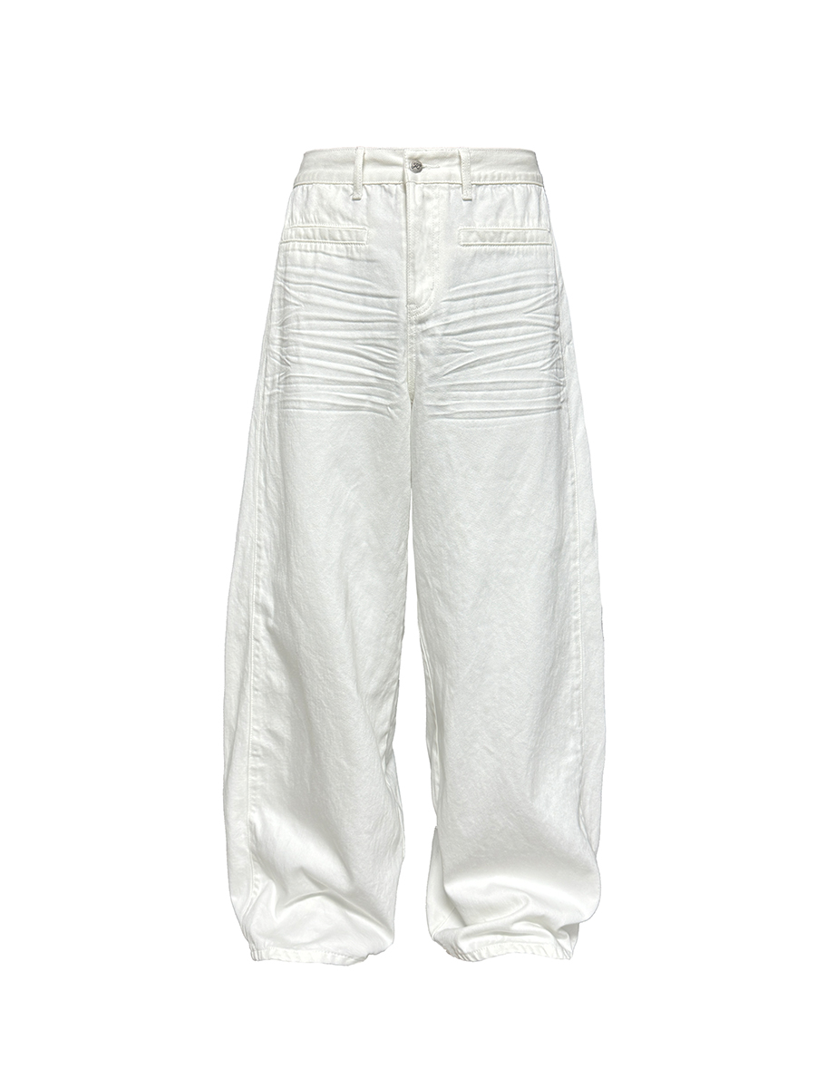 Distressed White Wide-Leg Denim Pants - BCAESAR