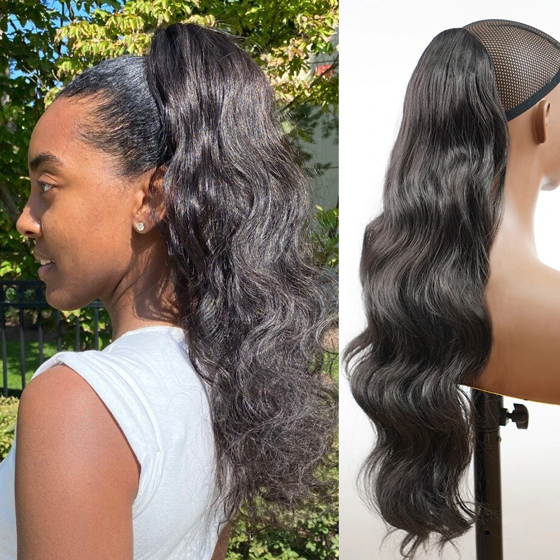 Synthetic Fiber Drawstring Ponytail Wigs, Long Wavy Body Wave Curls Hair