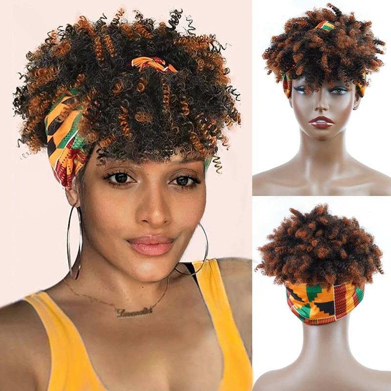 African American Women's Wig with Kinky Curly Short Hair, Featuring a Headband and Scarf