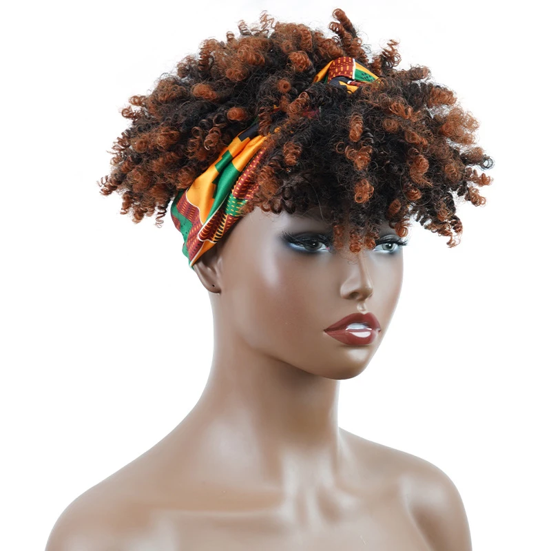 African American Women's Wig with Kinky Curly Short Hair, Featuring a Headband and Scarf