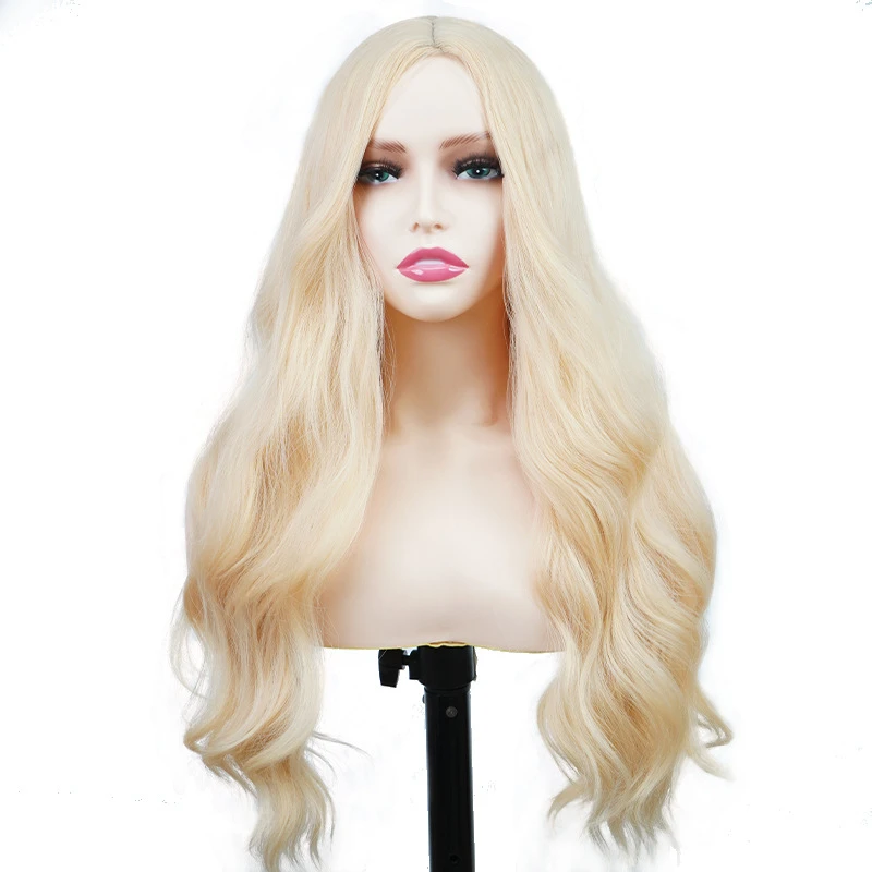 Full Coverage Synthetic Wig with Center Part, Large Waves, Long Curly Hair in Champagne Gold