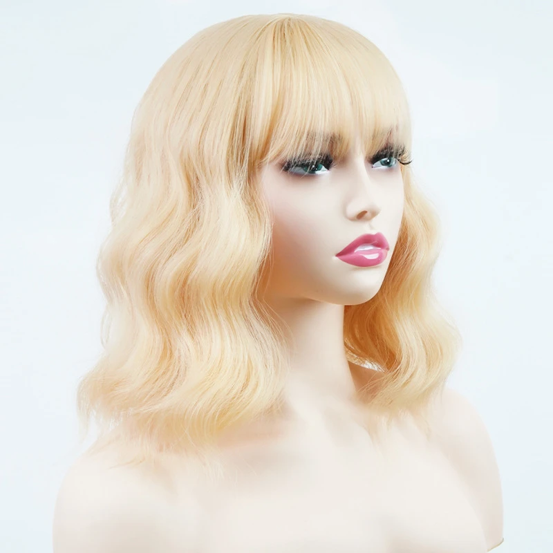 Women's Cosplay Wig with Bob Cut, Blonde Short Curly Synthetic Hair, Natural Waves and Straight-across Bangs