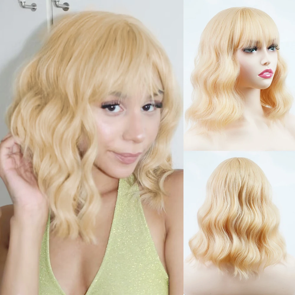 Women's Cosplay Wig with Bob Cut, Blonde Short Curly Synthetic Hair, Natural Waves and Straight-across Bangs