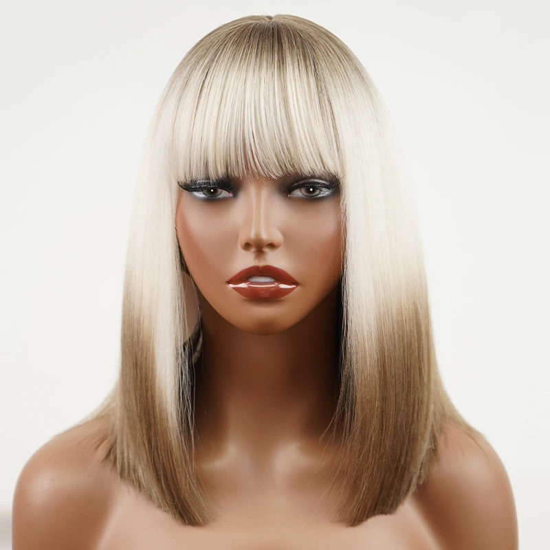 Synthetic Fiber Wig with Ombre Gray Color, Straight-across Bangs and Bob Cut