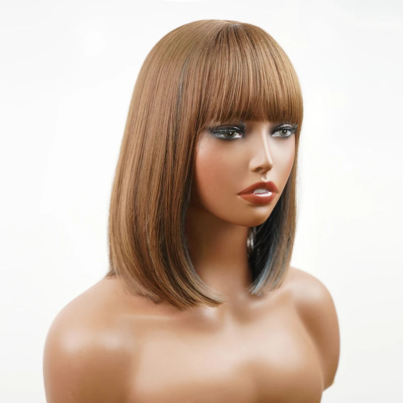 Full Head Wig with Straight-across Bangs, Mechanically Styled, Brown Highlights and Bob Cut