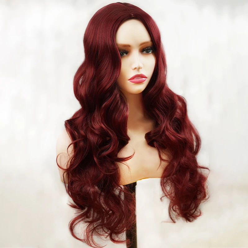 Women's Wig in Burgundy with Body Wave, Large Waves, Long Curly Hair and Long Straight Hair