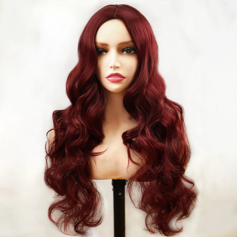 Women's Wig in Burgundy with Body Wave, Large Waves, Long Curly Hair and Long Straight Hair