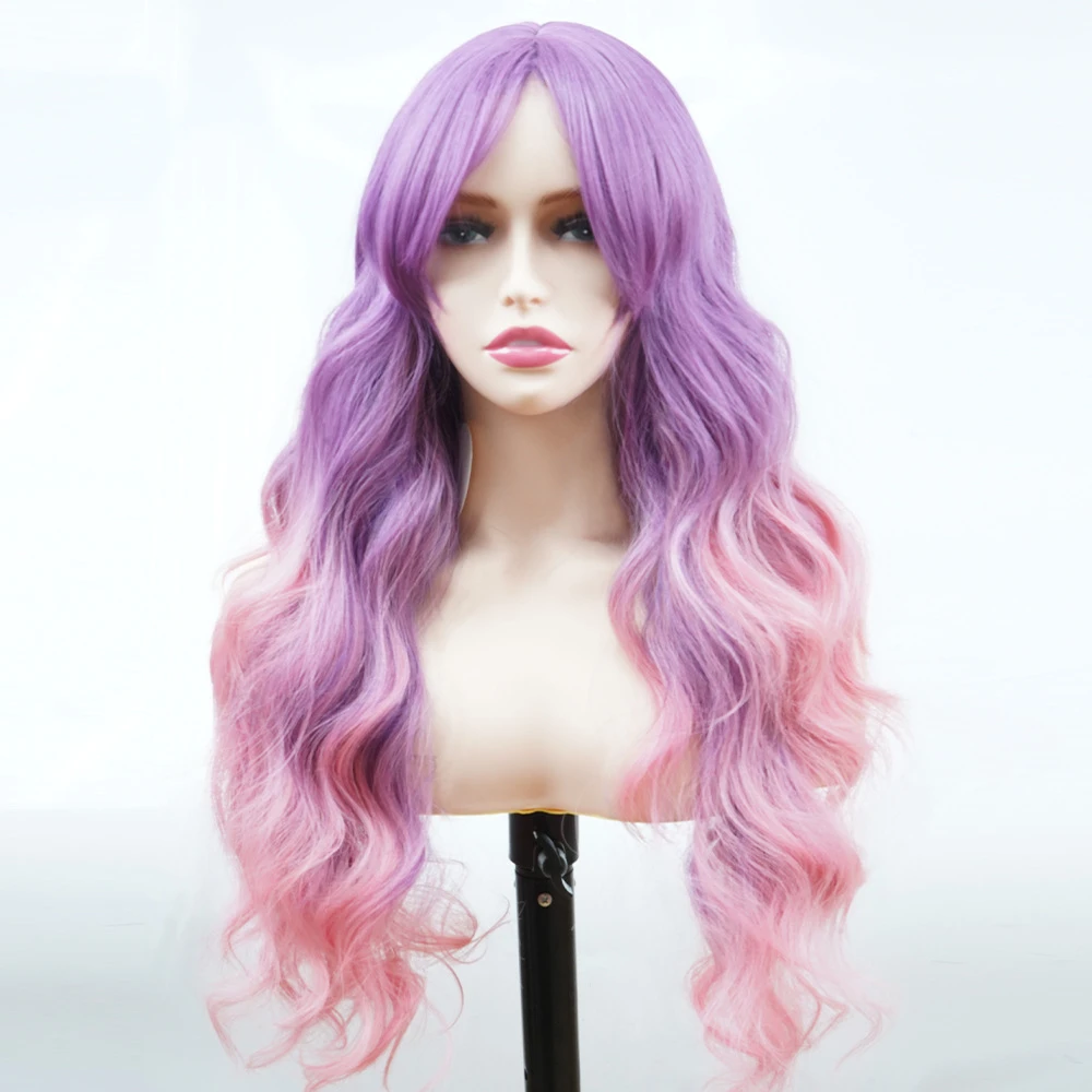 Synthetic Full Head Wig in Gradient Pink, Anime Style with Side Bangs and Long Curly Hair for Cosplay