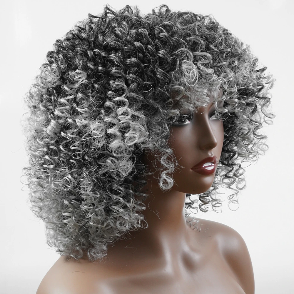 Afro Kinky Curly Wig with Mechanically Styled Spring Curls, Small Ombre Gray Curls Hair