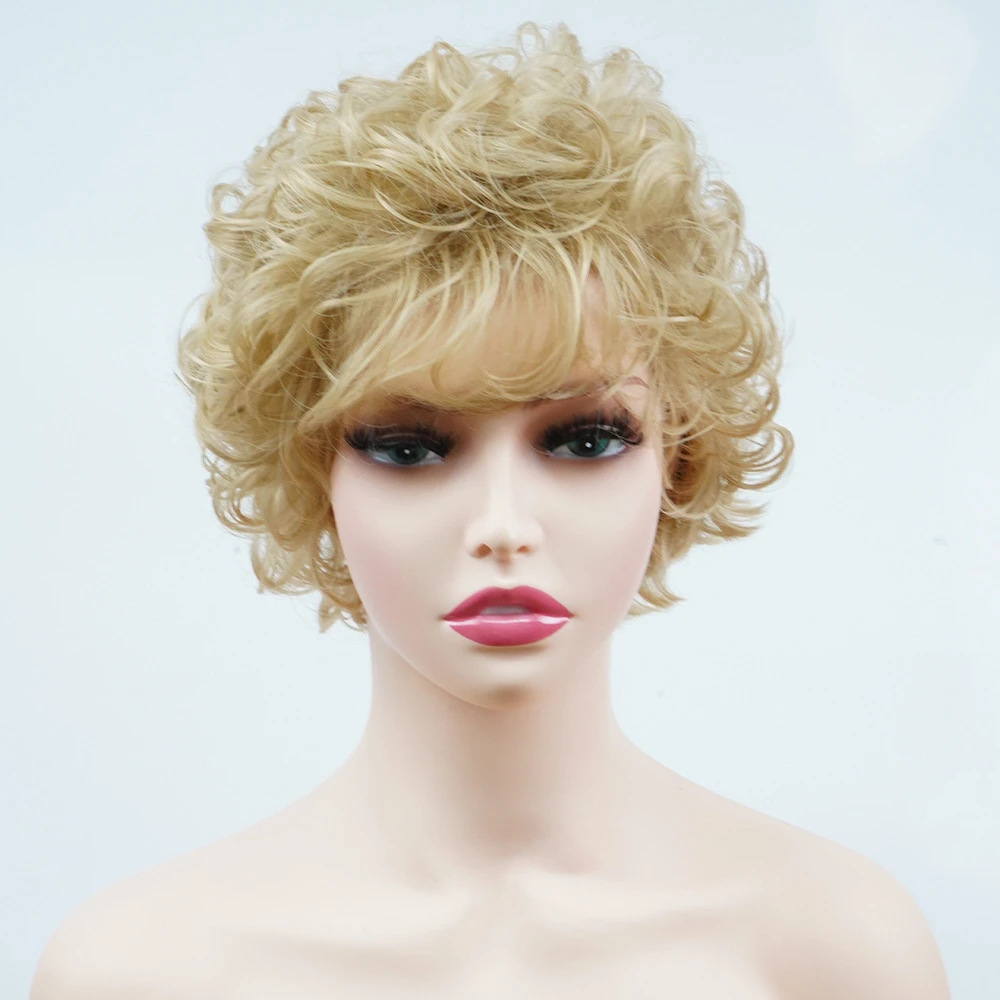 Full Head Synthetic Wig in Golden Color with Curly Texture, Short Curly Hair For White Women