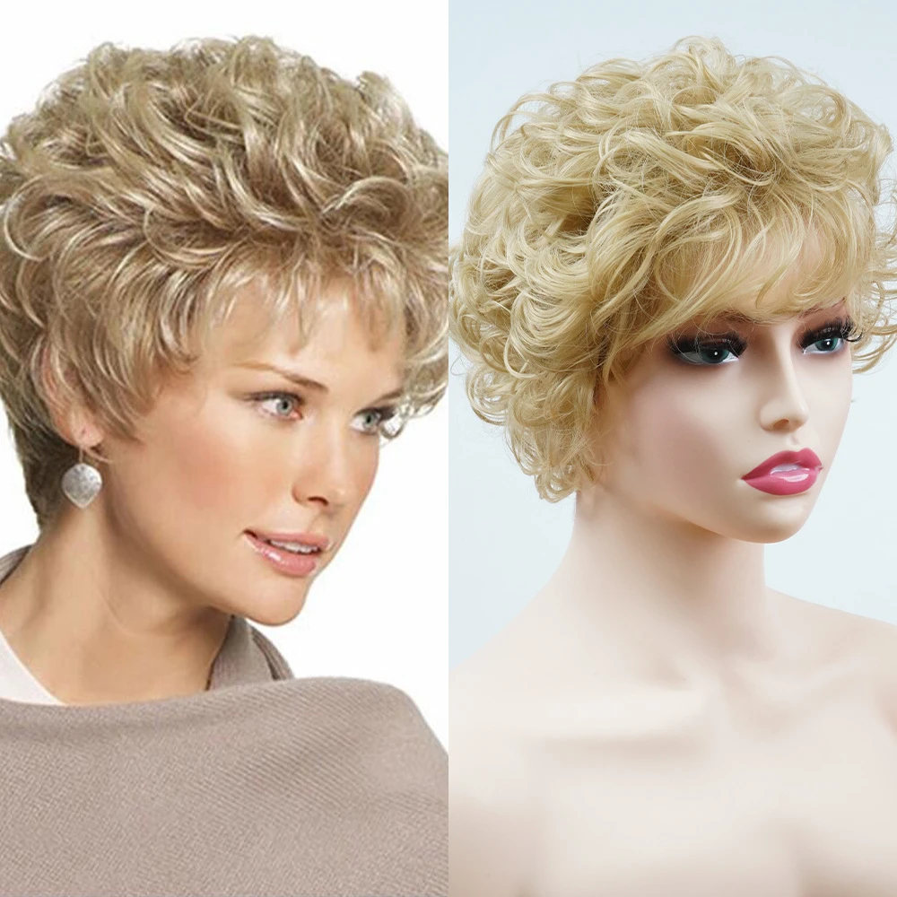 Full Head Synthetic Wig in Golden Color with Curly Texture, Short Curly Hair For White Women