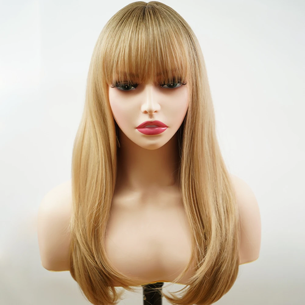Flaxen Gold Color Synthetic Wig with Straight Across Bangs, Slightly Wavy Long Straight Realistic Hair