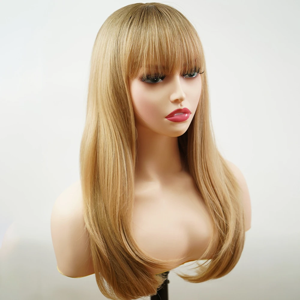 Flaxen Gold Color Synthetic Wig with Straight Across Bangs, Slightly Wavy Long Straight Realistic Hair