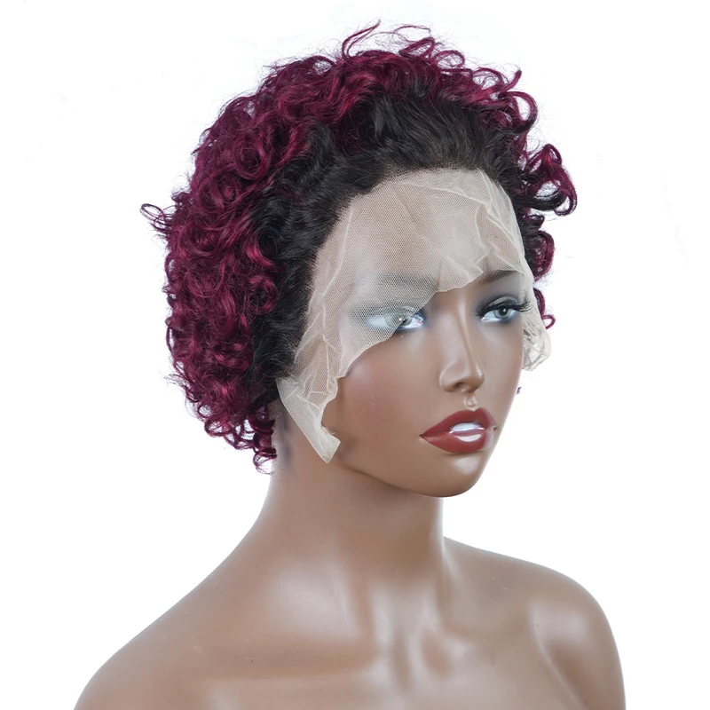 Real Human Hair Cross-border 13x1 Frontal Lace Headband, Small Burgundy Short Curly Wig