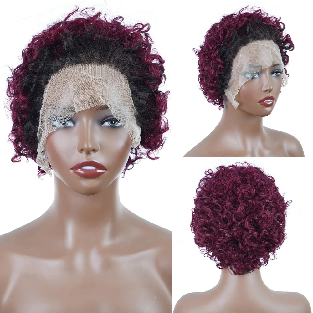 Real Human Hair Cross-border 13x1 Frontal Lace Headband, Small Burgundy Short Curly Wig